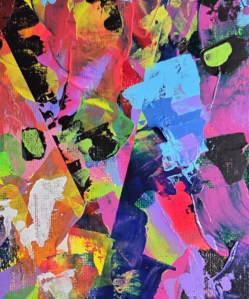May include: Abstract painting with thick brushstrokes in a vibrant array of colours. The artwork features bold applications of paint in shades of red, blue, pink, yellow, and black, creating a textured and dynamic composition.