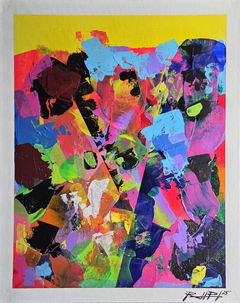 May include: Abstract acrylic painting on canvas with a vibrant mix of colours. The artwork features bold brushstrokes in shades of yellow, red, blue, pink, black, and green. The artist's signature and date are visible in the lower right corner.