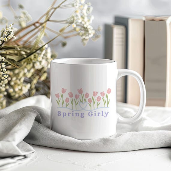 Cute Spring Girly Mug, 11oz/15oz Aesthetic Pastel Cup W/ Tulips