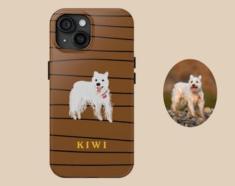 May include: A brown and white striped phone case with a white dog illustration and the word "KIWI" in yellow text.