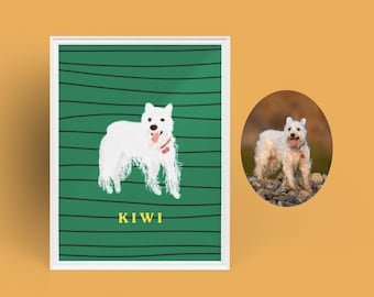 May include: A white dog with a pink tongue sticking out is illustrated on a green background with black stripes. The dog's name, "KIWI", is written in yellow letters below the dog.