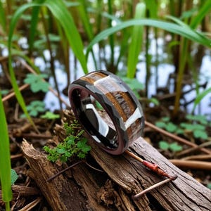 Deer Antler And Charred Whiskey Barrel Wood Mens Wedding Ring Black Hammered Tungsten, Mens Wooden Bands, Antler Ring, Comfort Fit, 8mm Band