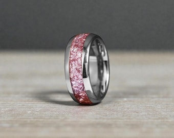 Pink Morganite Inlay Tungsten Ring, 8MM band, Anniversary Gift, Birthday Gift, Wedding Band, Comfort Fit, Wedding Band with Box