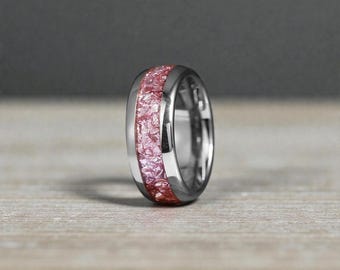 Pink Morganite Tungsten Ring | Mens Wedding Band | Rose Gold Inlaid Ring | Anniversary Gift for Him | Engraved Ring Box