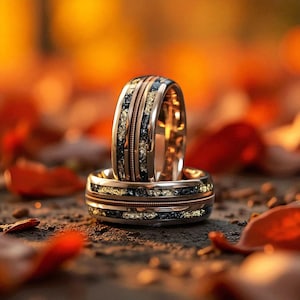 Meteorite & Gold Leaf with Guitar String inlay Wedding Ring, Rose Gold Band, Tungsten Men Wedding Band, Promise Ring For Him and Her