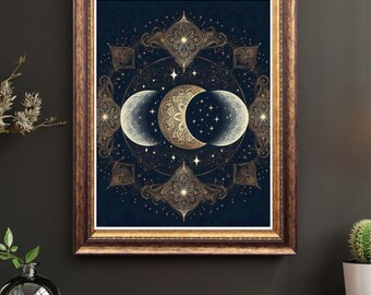 Gold Triple Moon Phases Mandala Print | Navy Witchy Wall Art (Digital Download)