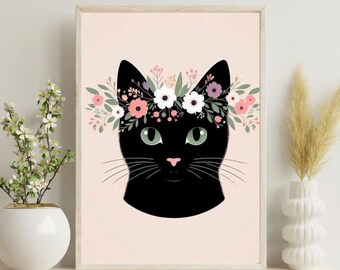 Floral Cat Print | Black Cat with Flower Crown (Digital Download)