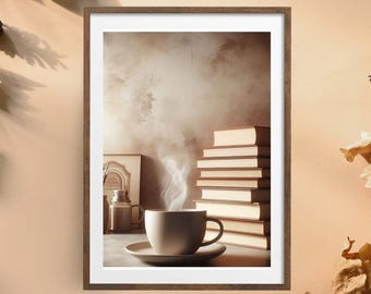 Coffee and Books Print | Moody Dark Academia Vintage Poster (Digital Download)
