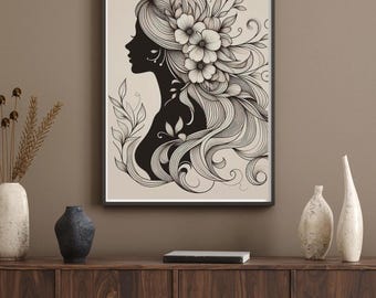 Floral Woman Silhouette Print | Beige Boho Wall Art (Digital Download)