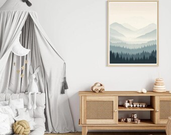 Misty Mountain Forest Print | Blue Beige Nature Art (Digital Download)