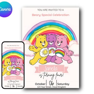 Invitación de cumpleaños editable de los Osos Cariñositos para niña con temática arcoíris / Plantilla de invitación digital Canva para fiesta de 4.º cumpleaños / Descarga instantánea