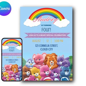 Invitación de cumpleaños arcoíris editable de los Osos Cariñositos / Invitación digital Canva para fiesta de niñas / Plantilla especial de oso para el 4.º cumpleaños, descarga instantánea