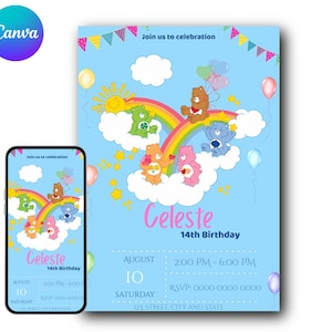 Plantilla de invitación de cumpleaños de los Osos Cariñositos editable en Canva / Invitación digital de fiesta de arcoíris para adolescentes o niños / Descarga instantánea
