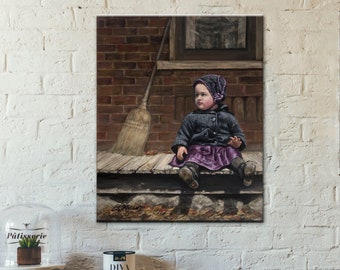 Vintage Style Painting, Little Girl Retro Print, Old House and Porch, 1920's Era Painting, Personalized Canvas Print, Made in USA