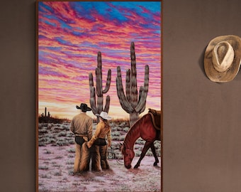Cowboy and Horse Canvas Print, Desert Sunset Landscape Art