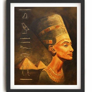 May include: A painting of an Egyptian queen wearing a golden headdress and a blue and gold necklace. The background is a dark brown with gold hieroglyphs and pyramids.