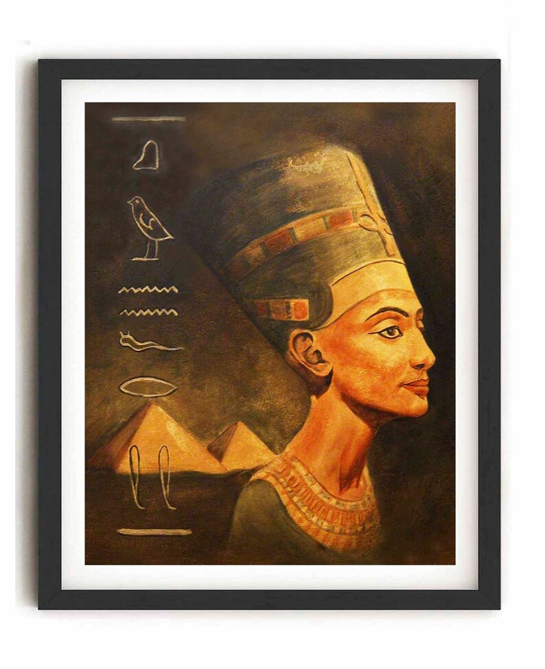 May include: A painting of an Egyptian queen wearing a golden headdress and a blue and gold necklace. The background is a dark brown with gold hieroglyphs and pyramids.