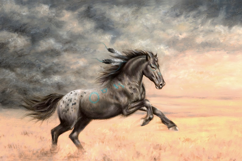 May include: A black and white spotted horse with turquoise markings runs through a field of tall grass. The horse has a long flowing mane and tail, and is adorned with feathers. The sky is a stormy gray with white clouds.