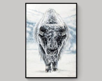 Print on Canvas, Buffalo in Snow Painting, Bison Wildlife Art Personalized Canvas Print