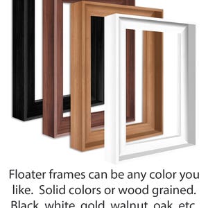 May include: Four different color options for a floater frame. The frames are shown in black, brown, gold, and white. Floater frames can be any color you like. Solid colors or wood grained. Black, white, gold, walnut, oak, etc. Just add your requested color in the notes at checkout.