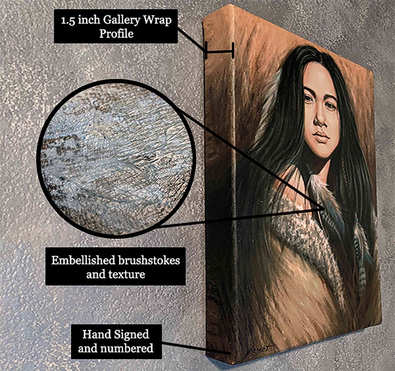 May include: A 1.5 inch gallery wrap canvas print of a painting of a woman with long dark hair. The painting is done in a realistic style and features a lot of detail. The canvas is hand-signed and numbered. The sides of the canvas are painted to match the painting, and the texture of the canvas is visible.
