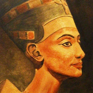 May include: A painting of a woman with dark hair and a gold and blue headdress. Her face is painted in shades of orange and brown, and she is looking to the right. The background is a dark brown.