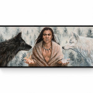 May include: A painting of a man with long black hair and a brown fur coat standing between a black wolf and a white wolf. The man is holding out his hands, one with a flame and the other with a cloud of smoke. The background is a snowy forest.