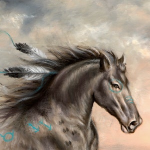 May include: A painting of a brown horse with a flowing mane and tail. The horse has turquoise markings on its face and body, and feathers are tied to its mane. The background is a soft, cloudy sky.