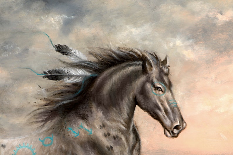 May include: A painting of a brown horse with a flowing mane and tail. The horse has turquoise markings on its face and body, and feathers are tied to its mane. The background is a soft, cloudy sky.