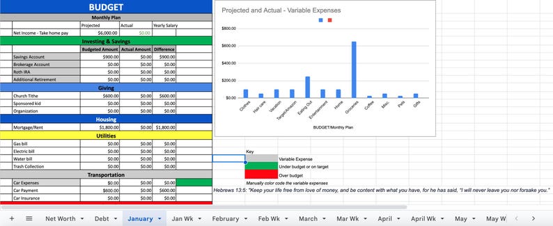 This is a Christian based budget for 2025 that we have used for 10+ years.

What you get with this budget:

Beautifully organized monthly and weekly financial statements for all 12 months of 2025, Net Worth tracker, Debt tracker, Variable expense chart. All you have to do is input the numbers!

You will be given a link upon download. Hit "file" and then "make a copy" in order to have editing ability.

My Youtube channel has videos talking through using the budget. @CoachRolfes_