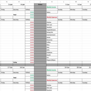 May include: A spreadsheet with a grey background and black grid lines. The spreadsheet is divided into four sections, each with a different colour heading. The headings are "Monthly Income", "Monthly Expenses", "Week 1", "Week 2", "Week 3", and "Week 4". The spreadsheet is filled with text and numbers.