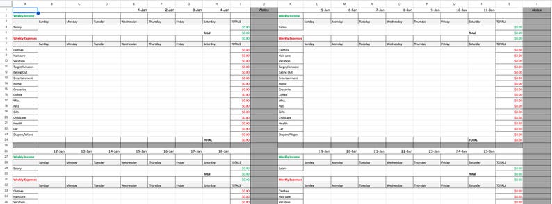 May include: A spreadsheet with a grey background and black grid lines. The spreadsheet is divided into four sections, each with a different colour heading. The headings are "Monthly Income", "Monthly Expenses", "Week 1", "Week 2", "Week 3", and "Week 4". The spreadsheet is filled with text and numbers.