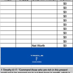May include: A black and white table with the title "Net Worth" and columns for "Item", "Value", "Owe Anything?", and "Worth". The table has 10 rows with the value of each row set to &pound;0. The table has a blue header with the text "Net Worth" in white. The table has a blue footer with the text "Triple F Coaching" in white. The table has a quote from 1 Timothy 6:17.