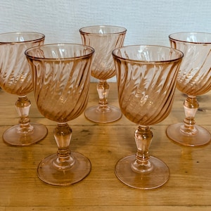 Set of 5 French Vintage Rosaline Pink Swirl Wine Glasses
