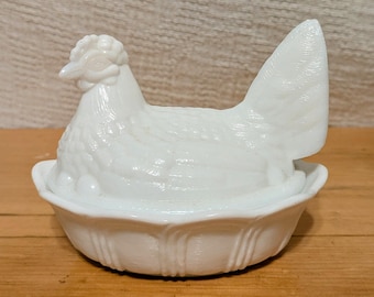 White Fenton Glass Hen Rooster on Nest Covered Dish Vintage Home Decor