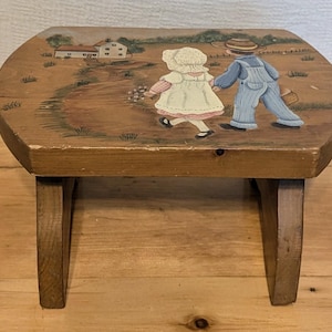 Hand Painted Solid Wood Stool: Vintage Farmhouse Decor