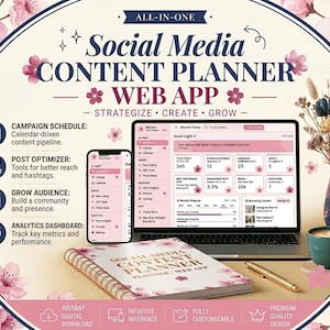 Puede incluir: Gráfico de marketing digital con el texto "Social Media Content Planner Web App". La imagen incluye una computadora portátil, un teléfono inteligente, un cuaderno y una taza de café. El diseño presenta acentos florales rosas y un estilo acuarela.