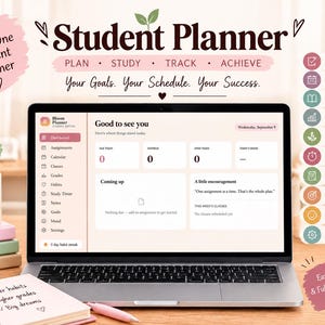 May include: A digital student planner displayed on a laptop screen, featuring a dashboard with sections for assignments, calendar, classes, grades, habits, study timer, notes, goals, mood, and settings. The interface includes text like Good to see you.