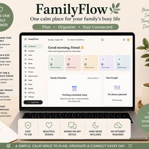 Könnte beinhalten: Ein Laptop-Bildschirm zeigt die Benutzeroberfläche des digitalen Familienplaners FamilyFlow mit einem Dashboard für Aufgaben, Termine, Mahlzeiten, Hausarbeiten und Verabredungen. Das Layout umfasst ein Seitenmenü und einen zentralen Planungsbereich.