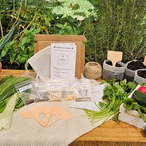 May include: A gardening kit featuring a cardboard box with instructions, small seed packets, a muslin bag, twine, wooden plant markers, and a white cloth. Fresh produce including bok choy, radishes, cucumbers, and herbs in terracotta pots.