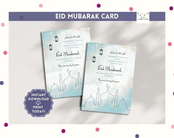 Könnte beinhalten: Zwei druckbare Eid Mubarak Karten mit einem blauen Aquarellhintergrund und einer Moscheensilhouette. Der Text auf den Karten lautet "تقبل الله مِنَّا وَمِنكُم" und "Eid Mubarak".