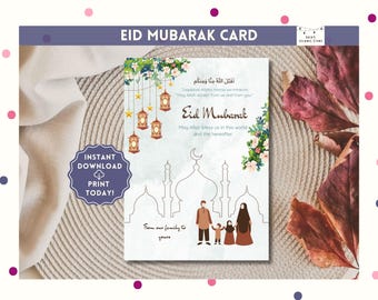 Peut inclure: Une carte de vœux imprimable pour l'Eid Mubarak avec un fond bleu clair représentant une famille de trois personnes debout devant une mosquée. La carte est ornée d'une bordure florale et du texte "Eid Mubarak" dans une police décorative. Le texte "Que Dieu nous bénisse dans ce monde et dans l'au-delà" est également inclus. La carte est idéale pour envoyer des vœux à ses proches pendant la fête islamique de l'Aïd al-Fitr.