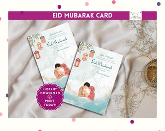 Könnte beinhalten: Eine druckbare Eid Mubarak-Karte mit einem Paar in inniger Umarmung, umgeben von filigranen Mustern und Laternen. Die Karte hat einen hellblauen Hintergrund mit Aquarell-Akzenten und den Text "Eid Mubarak" in arabischer und englischer Sprache.
