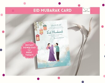 Peut inclure: Une carte de vœux imprimable pour l'Eid Mubarak représentant une famille de trois personnes sur un fond bleu, vert et or. La carte porte le texte "Eid Mubarak" et "تقبل الله منا ومنكم" en arabe.