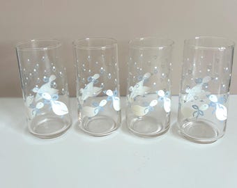 Vintage 1980s Goose Glasses: Blue Bow Heart Tumblers, Set of 4