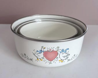 Juego de cuencos para mezclar de esmalte vintage con forma de ganso, cuencos apilables, decoración rústica de cocina estilo cottagecore, juego de 3