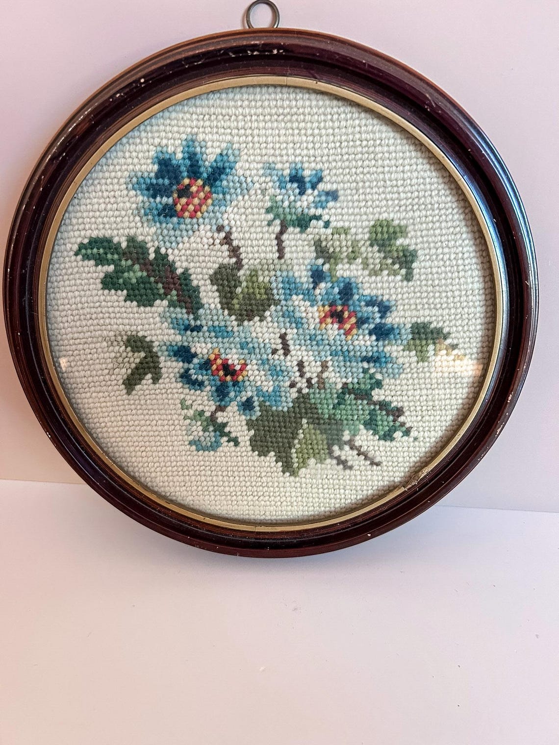 Vintage Round Blue Floral Needlepoint Wall Art 9” Framed Cottage Decor ...