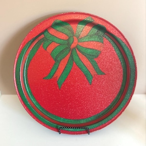 Vintage Christmas Tin Tray: 1990s Holiday Decor, Green Bow