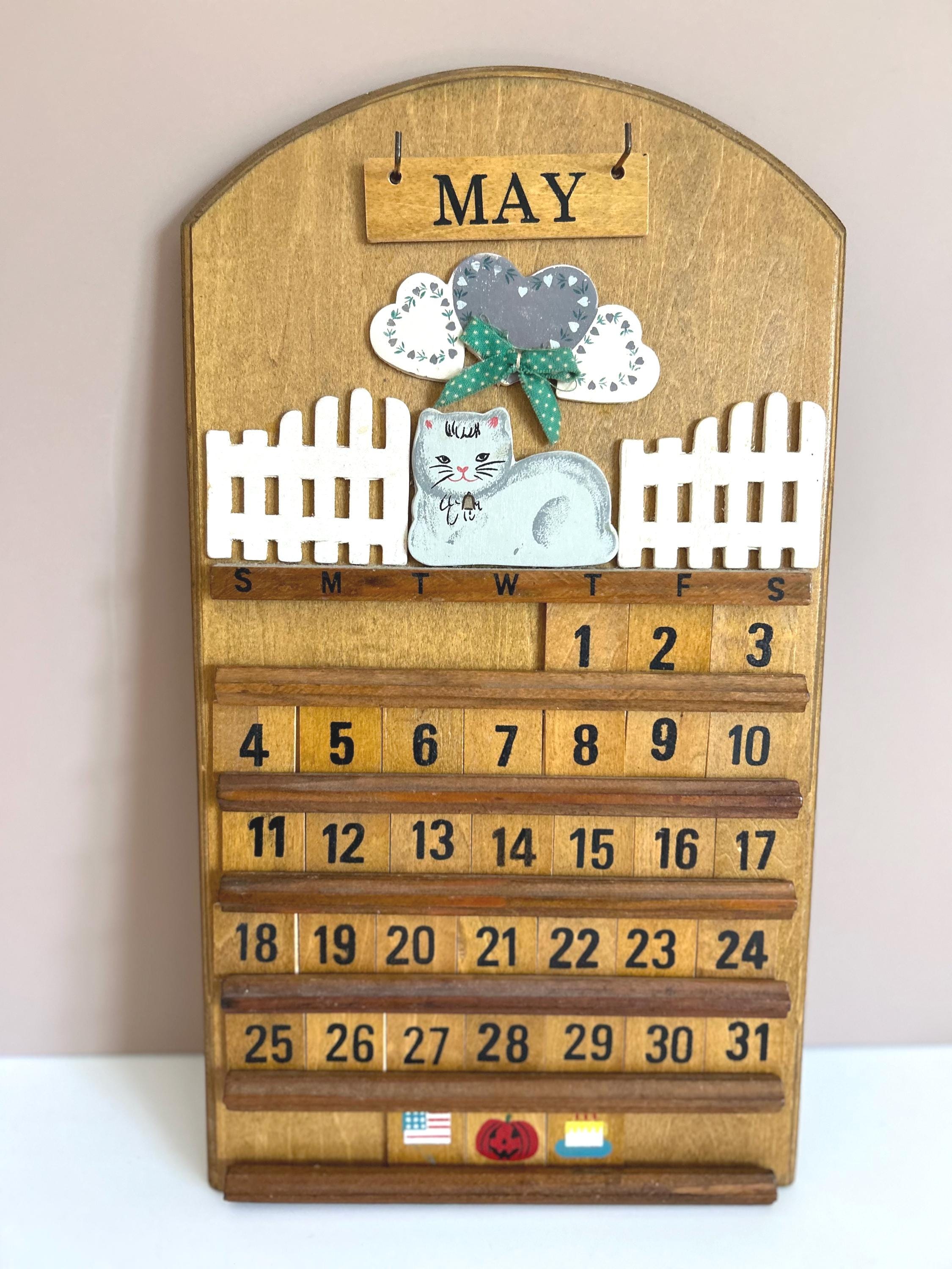 Handcrafted Cat & Fence Perpetual Wooden Wall Calendar | Year-Round Home Decor