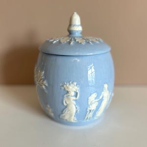 May include: A light blue ceramic jar with a lid. The jar features white relief designs of figures and foliage. The lid has a white finial and a decorative edge. The jar is a classic decorative piece.